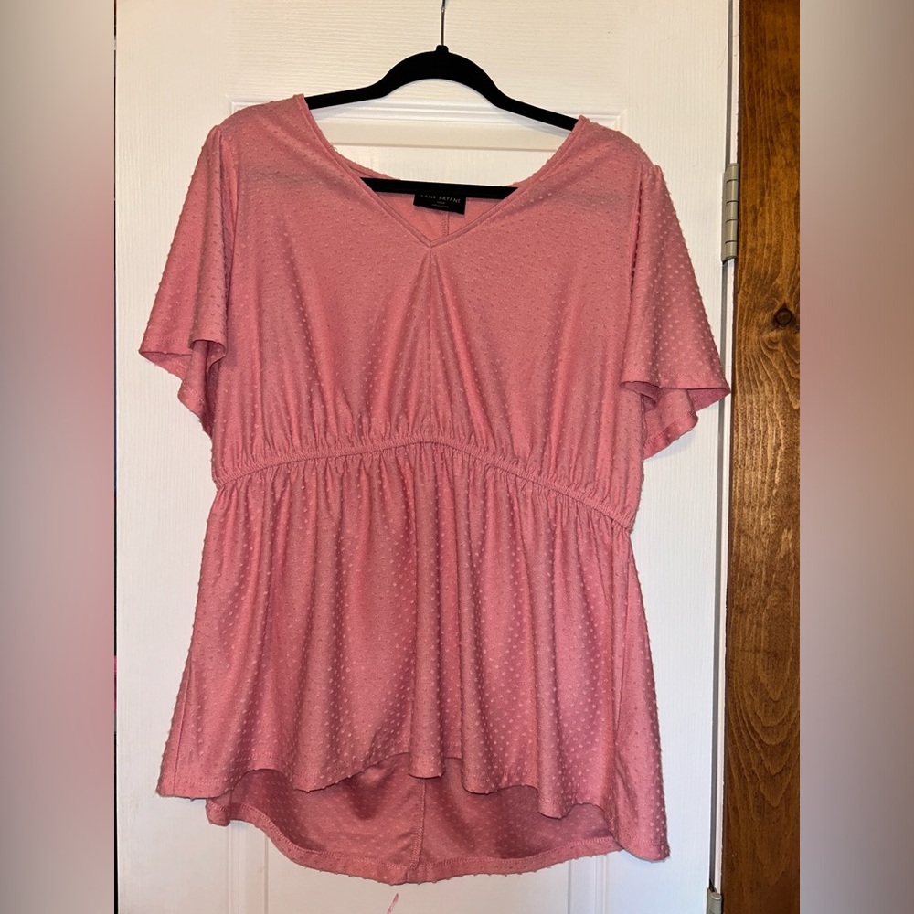 Lane Bryant pink blouse with embroidered polka dots.